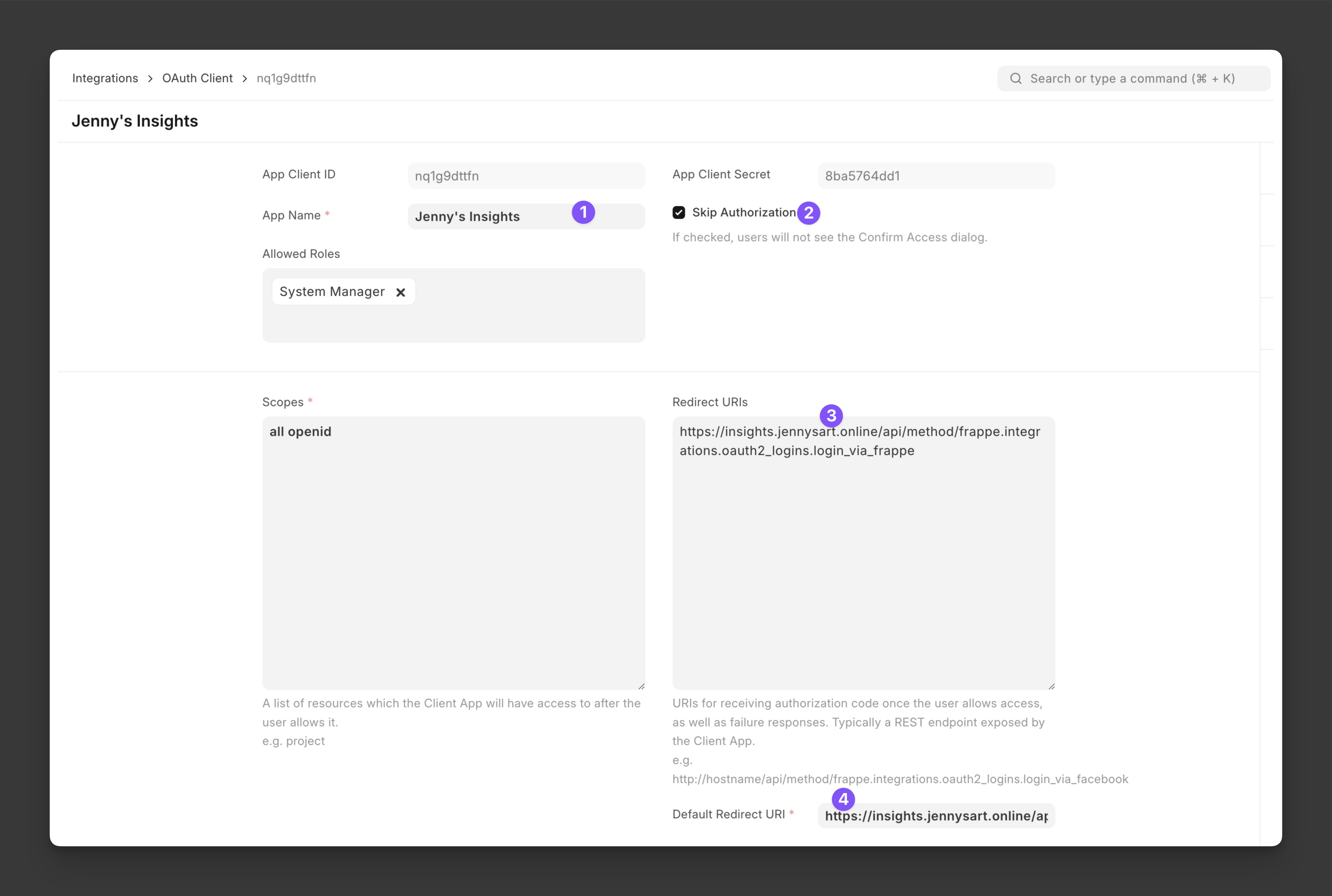 Screenshot showing OAuth Client Form