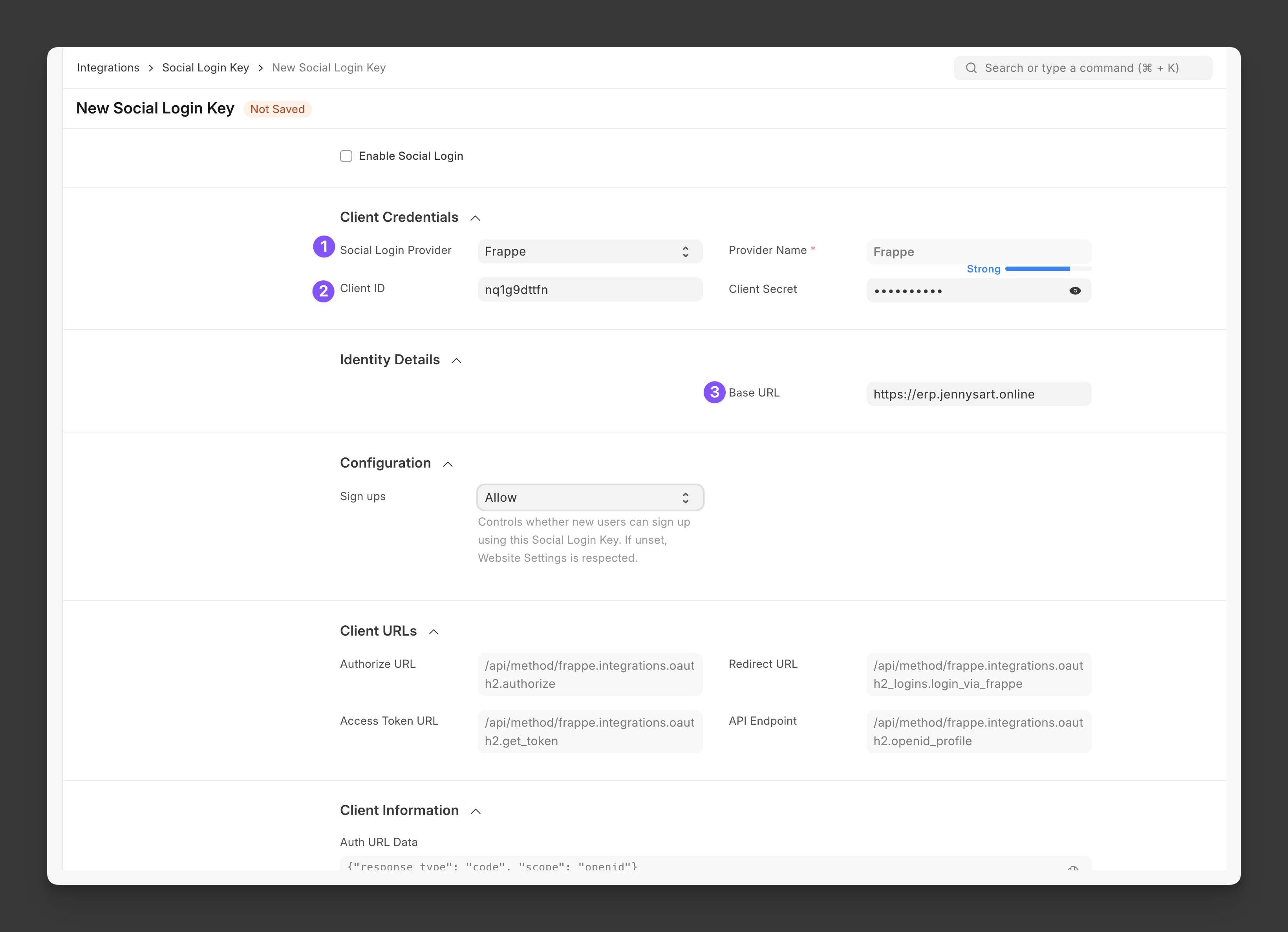 Screenshot showing Social Login Key Form