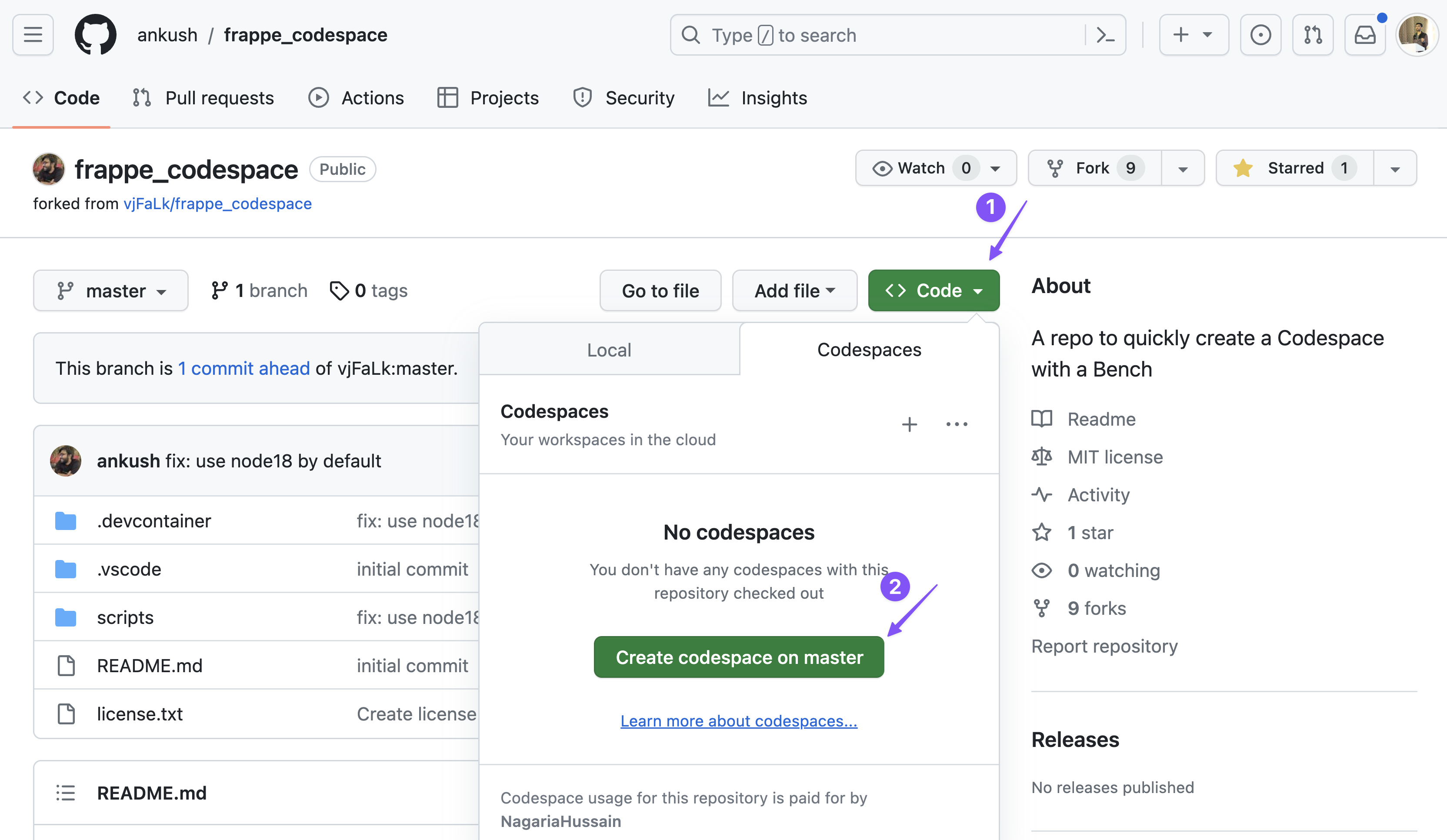 Create Codespace Screenshot